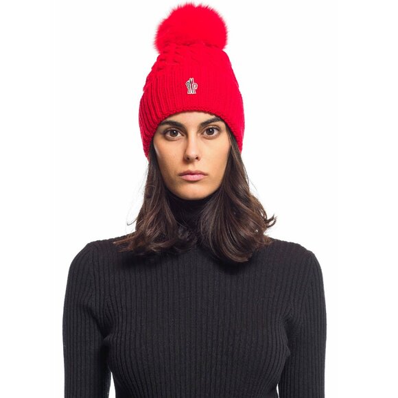MONCLER GRENOBLE WOOL HAT FOX FUR POM POM RED BRAIDED WOOL SKI BEANIE w LOGO - Picture 2 of 12